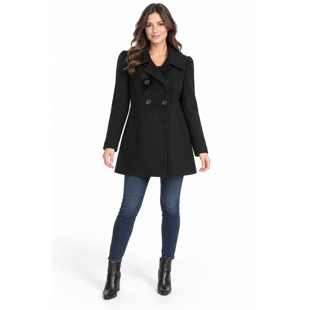 GUESS Black Double-Breasted Fit-and-Flare Peacoat Medium Y2K